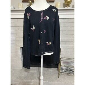 April Cornell Vintage Cardigan Black Floral Embroidery Size Large Cottage